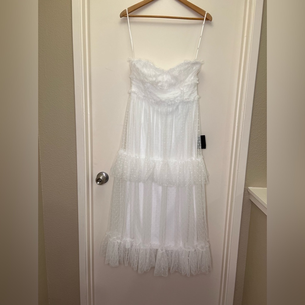 Lulus White Swiss Dot Tulle Midi Dress NWT Romantic Bridal Cottagecore Size M